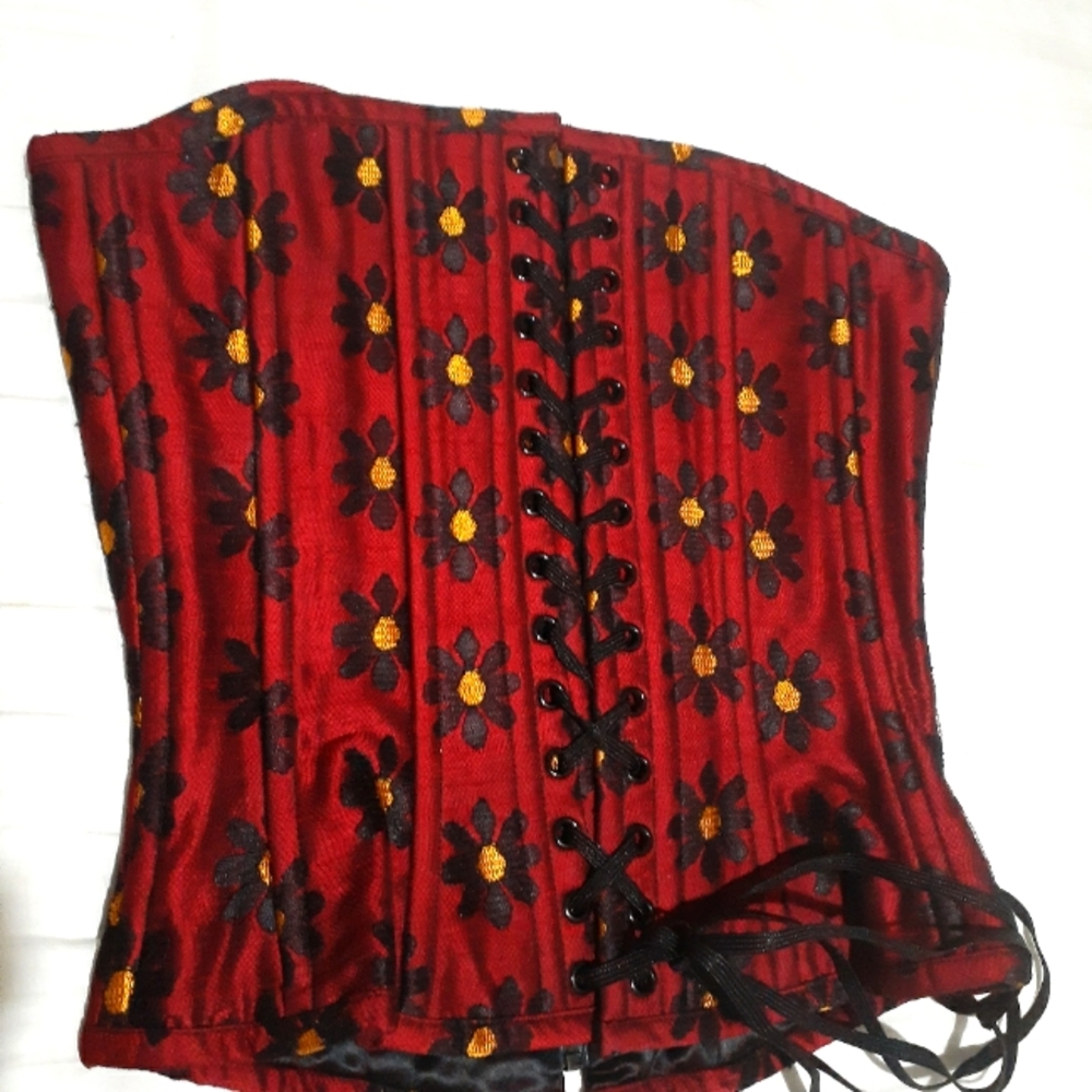 Red Maria Pozo Bustier Corset with Black and Yellow Flowers. Size Medium